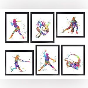 Softball Framed Watercolor Wall Art (Set of 6) 8X10
